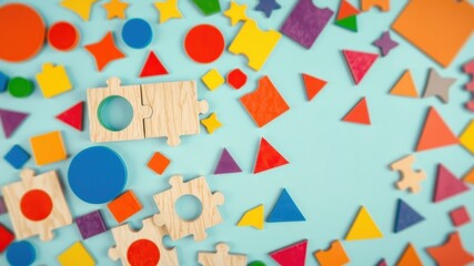 Colorful Wooden Puzzle Pieces and Geometric Shapes on a Light Blue Background