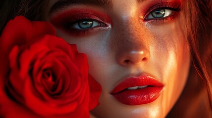 Conceptual portrait with bold red rose aesthetics