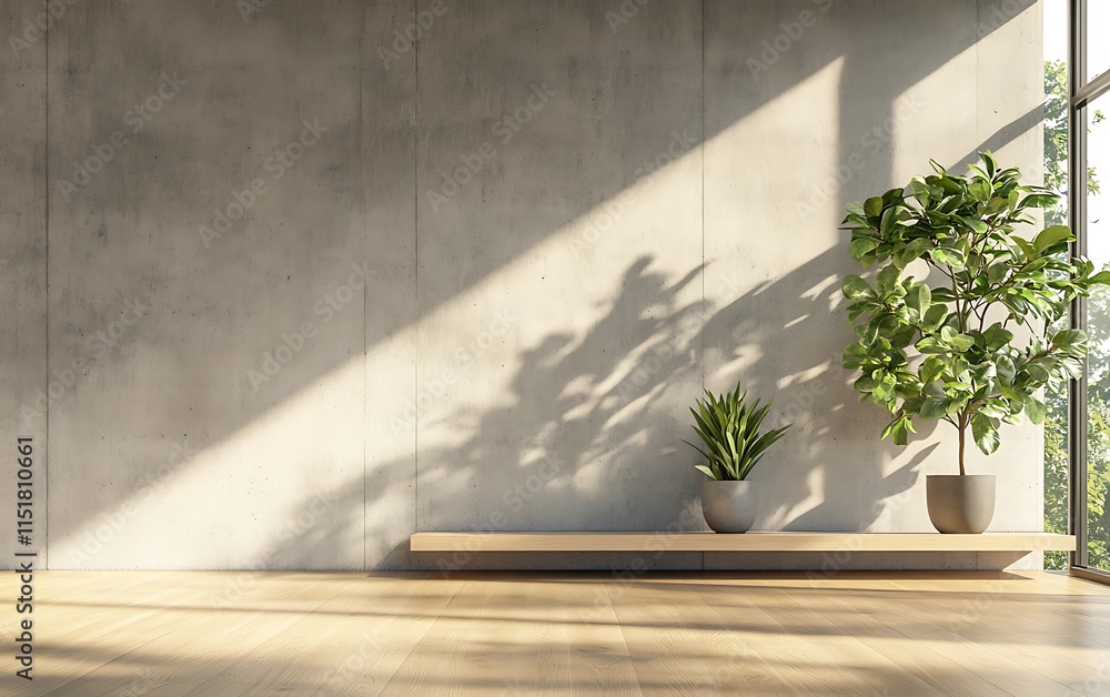 Wall mural 3D rendering of a modern interior design of an empty room with a concrete wall and wooden floor, a window view, and a green tree plant on a shelf, a mock-up for presentation design