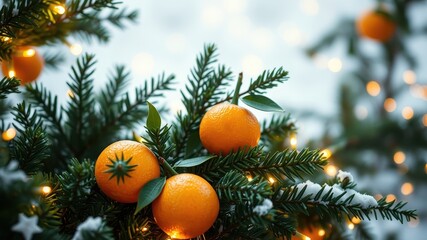 Festive Evergreen Branches Adorned with Ripe Citrus Fruits and Soft Winter Lighting