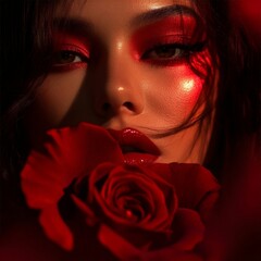 Conceptual portrait with bold red rose aesthetics