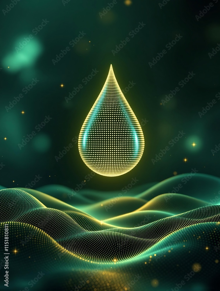 Poster digital water droplet hovering over abstract data waves representing futuristic water technology and