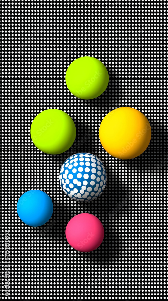 Poster colorful spheres on dotted background, a vibrant arrangement of five spheres in various colors and t