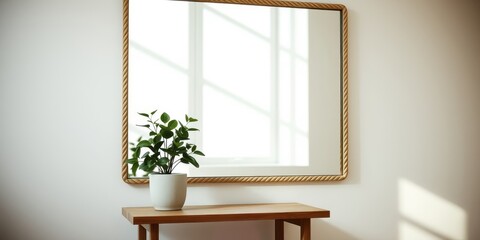 A contemporary styled room features a rope framed mirror reflecting sunlight, and a small potted plant on a wooden console table