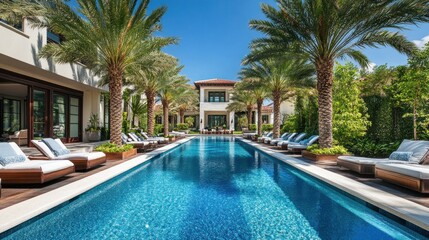 Fototapeta premium A long, narrow pool with blue water and lounge chairs on either side. Palm trees are in the background with a house visible through the trees. The sky is blue and clear.