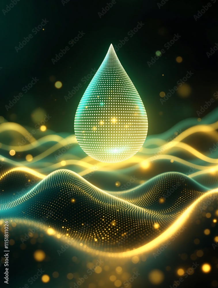 Poster digital water droplet hovering over abstract data waves representing futuristic water technology and