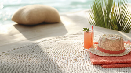 Vibrant summer drink and straw hat by the poolside with palm shades