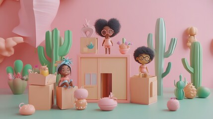 A playful scene featuring colorful dolls, plants, and a whimsical house, celebrating creativity and fun.