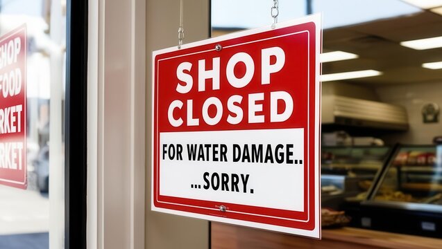 A sign indicates a shop is closed due to water damage, apologizing for the inconvenience to customers.