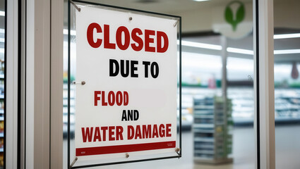 A sign stating the establishment is closed due to flooding and water damage, prominently displayed on a storefront door.