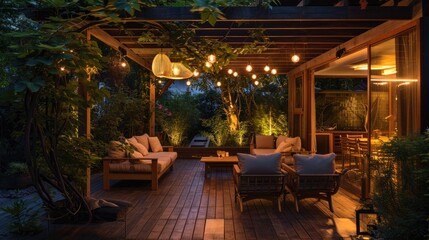 Evening Elegance: Illuminated Patio Furniture Set on Lush Garden Deck