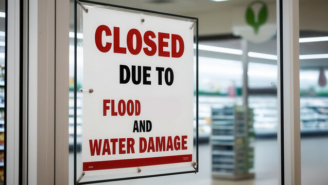 A sign stating the establishment is closed due to flooding and water damage, prominently displayed on a storefront door.