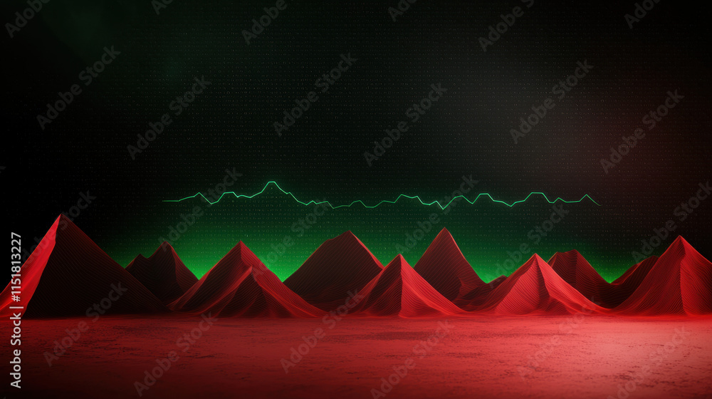 Aufkleber a surreal landscape featuring red pyramids under a greenish atmosphere, creating a striking and myst