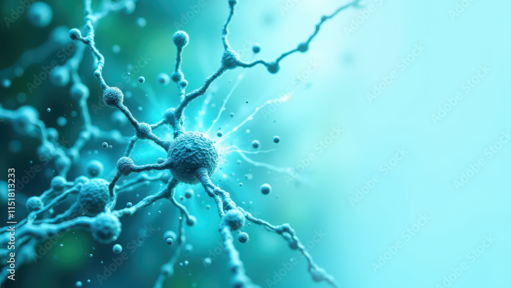 Poster a vibrant microscopic view of a neuron cell with dendrites, featuring semaglutide as its main subjec