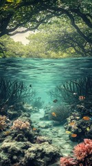 Fototapeta premium Underwater coral reef scene, vibrant fish, lush canopy.