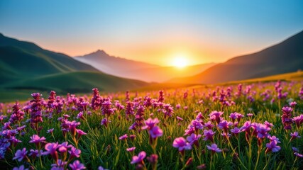 Serene Sunset Landscape with Vibrant Purple Wildflowers Blooming in a Mountain Meadow