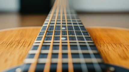 Close-up View of Guitar Neck Manifesting Fine Craftsmanship and Attention to Detail, Showcasing Strings, Frets, and Beautiful Wood Grain in Soft Natural Light