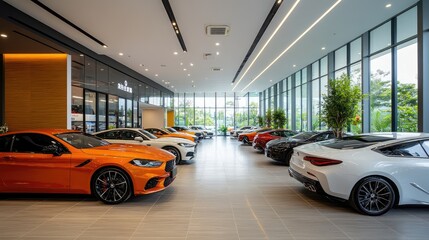 Sleek and colorful cars line the spacious showroom, illuminated by natural light, inviting discerning buyers to explore high-end models
