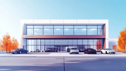 A striking automotive showroom features large glass windows and clean lines, set amidst autumn trees and a clear blue sky, inviting exploration