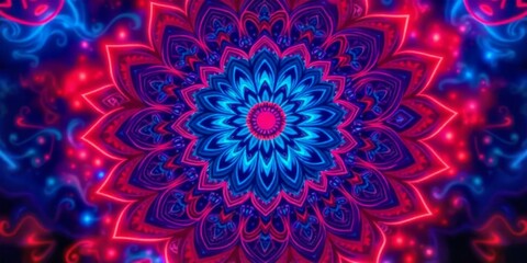 Fototapeta premium Vibrant Neon Mandala Psychedelic Floral Art Red Blue Purple Hues Spiritual Background