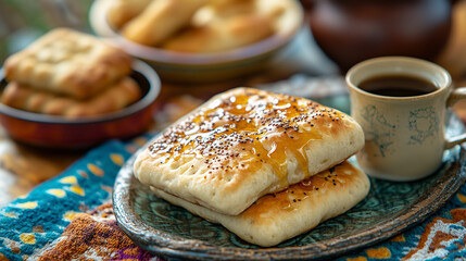 Moroccan msemmen flatbreads with honey and coffee on colorful table