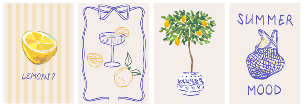 Lemon, cocktail and lemon tree in blue Mediterranean vase. Vector elegant colorful doodle illustration of lemons, frames for poster, invitation, placard. Italian style vacation vector illustration.