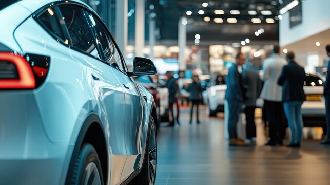 Attendees explore the latest electric vehicle models displayed at a bustling auto expo, engaging in discussions about technology and sustainability