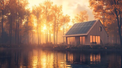 A serene lakeside home surrounded by autumn trees and sunlight reflecting on the water.