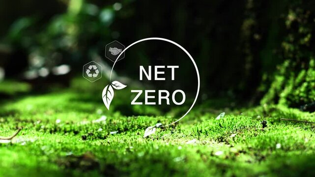 Animated image of Net Zero Greenhouse Gas Emissions Concept, Long-term Climate Neutrality Strategy with icon and word Net Zero on green background.