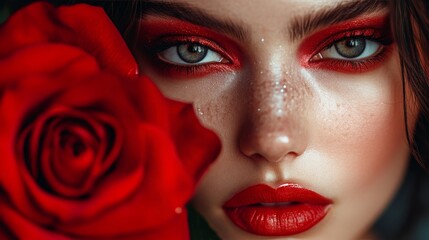 Conceptual portrait with bold red rose aesthetics