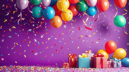 A jubilant celebration scene with colorful balloons and gifts, confetti falling against a purple backdrop