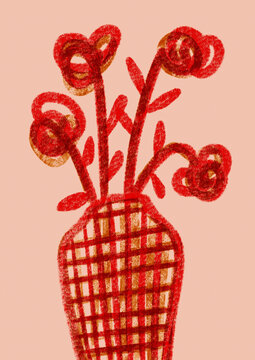 Drawing red flowers in checkered vase