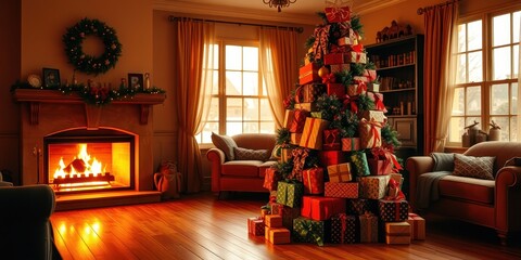Cozy Christmas Eve Evening in a Warm Living Room with a Fire and a Gift-Laden Christmas Tree