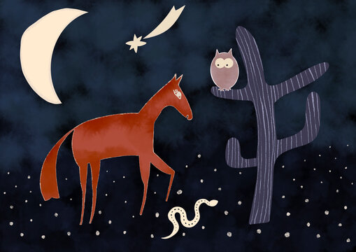 Horse owl snake under shooting star. Hand drawn illustration of animals