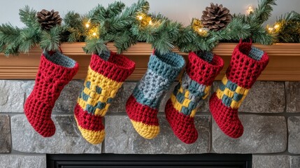 Festive Crochet Stockings on a Holiday Mantle