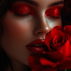 Conceptual portrait with bold red rose aesthetics