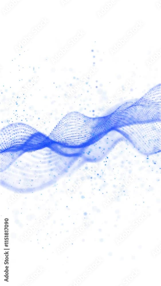 Poster blue glowing circles particles wave and dust at the center of a white background, bokeh effect, vert