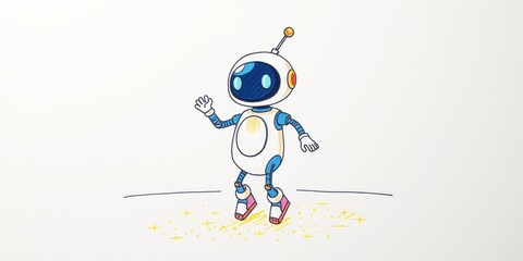 A whimsical robot performs energetic dance moves, captivating onlookers with its lively motions against a bright, cheerful background filled with patterns