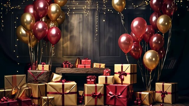 Festive celebration setup featuring balloons and wrapped gifts decorated for a special occasion