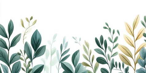 Watercolor painted teal, green, and beige leaves and branches border on white background.
