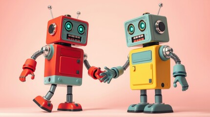 Naklejka premium Joyful robots engage in an entertaining dance, expressing creativity and fun as they share a moment together. The vibrant colors resonate with energy