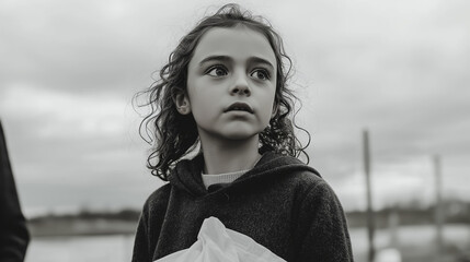 Distressed female with curly hair clutching plastic bag, evacuating during devastating flood, monochrome portrait capturing emotional refugee moment