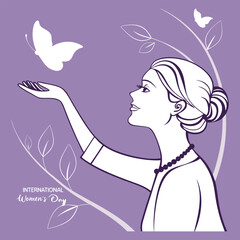 Celebrate Women's Day with a stunning vector design featuring a joyful lady and elegant floral elements. Perfect for greeting cards, invitations, and digital art projects.