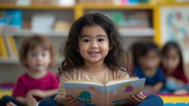 Happy preschool student reading a storybook to her classmates during class time, promoting literacy and early childhood education
