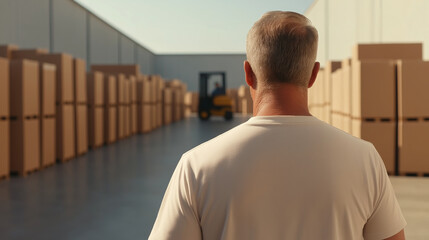 Fototapeta premium Manager supervising large shipment of cardboard boxes stacked on pallets in warehouse with forklift and driver moving