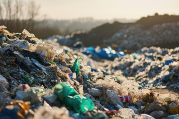 Fototapeta premium Industrial Waste Sorting Plant: Massive Pile of Plastic Garbage