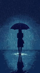 Blue raindrops falling on a flat vector illustration of an umbrella, with simple line art and a minimalistic style