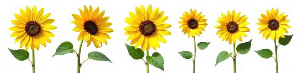Obraz premium isolated sunflower with multiple stems and leaves on white background, photography, sunflowers
