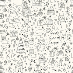 Fototapeta premium Christmas background design. Seamless pattern with cartoon ornaments. Vector illustration