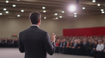 Fototapeta premium Professional speaker addressing corporate crowd, delivering motivational presentation with confidence and expertise
